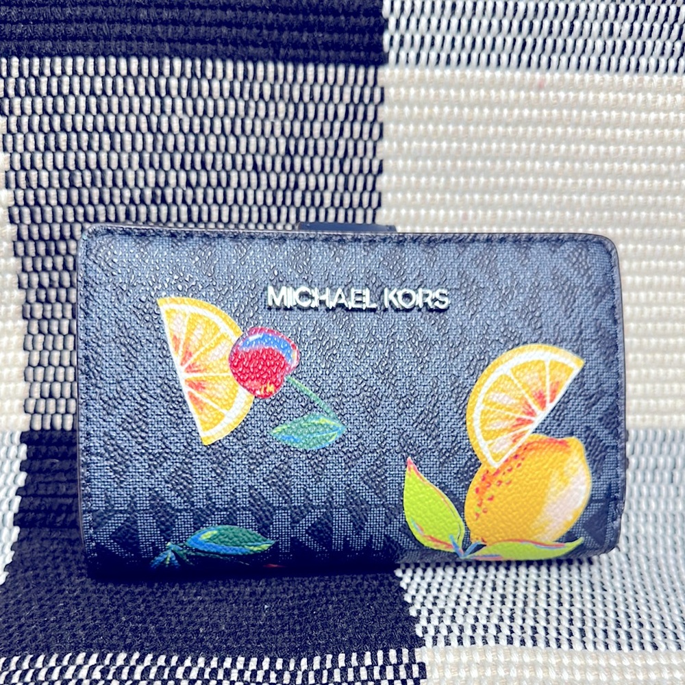 Michael Kors Like New Fruit Print jet set travel logo MK blue leather wallet